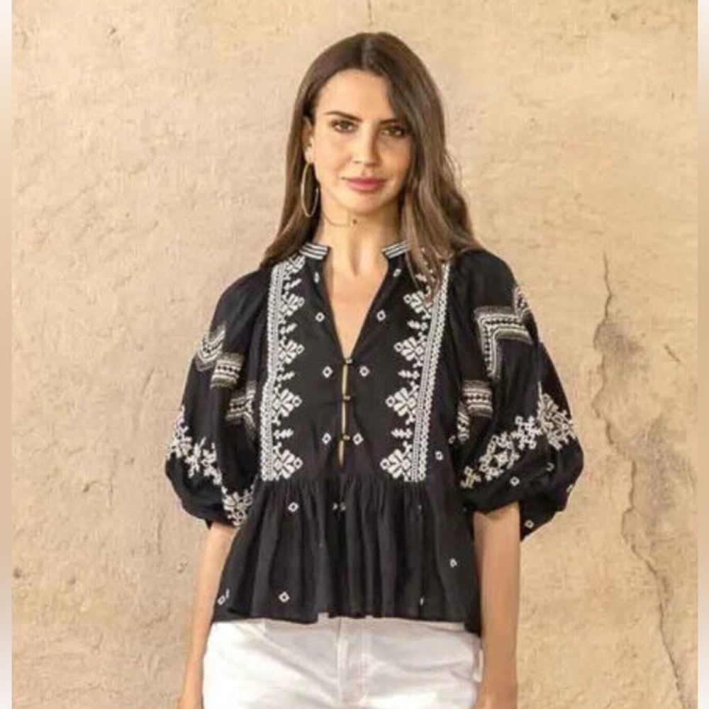 Scarlett Poppies I AM YOUR TRIBE Embroidered Onyx Black Button Blouse
